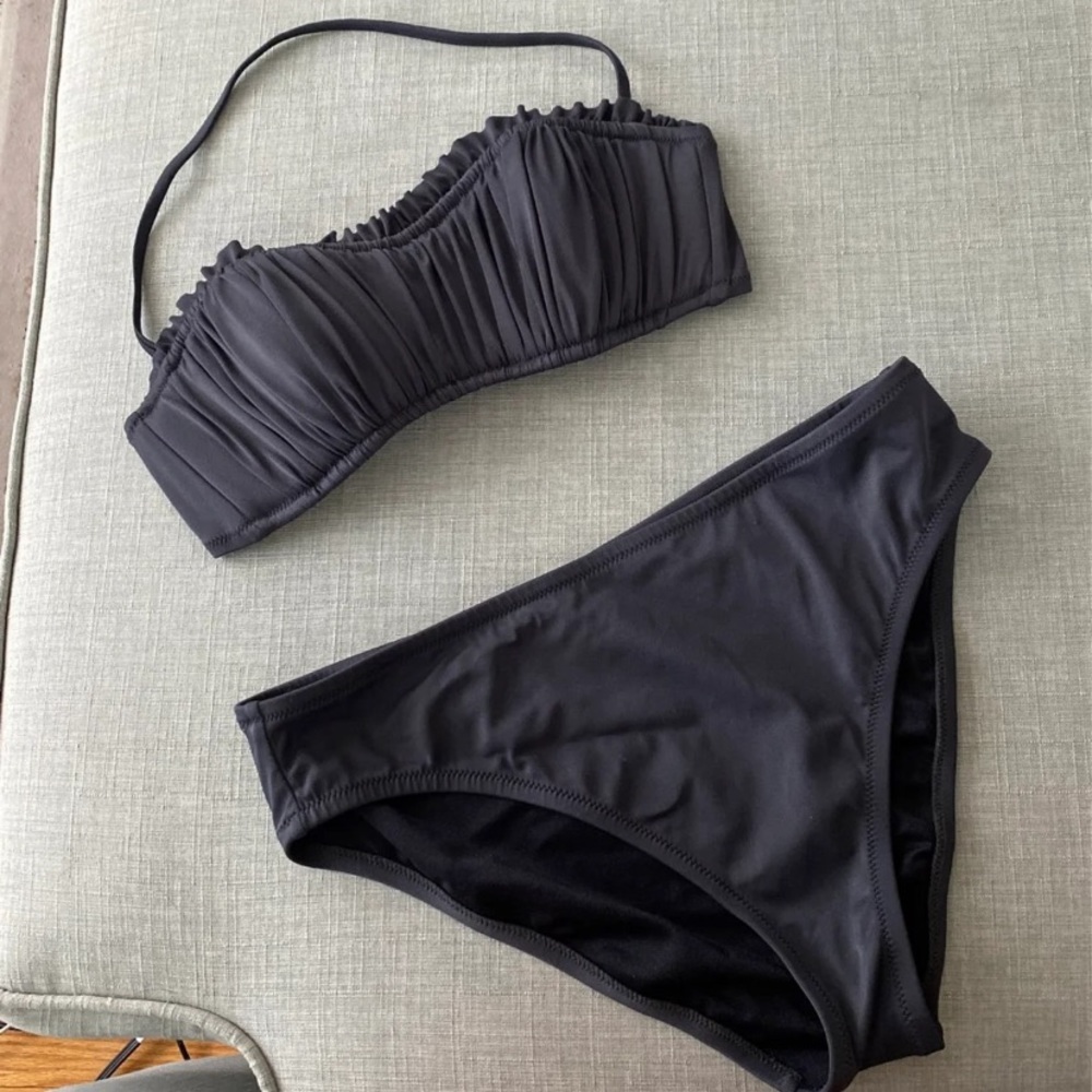 J. Crew ruffled bikini charcoal gray top medium, bottom large.